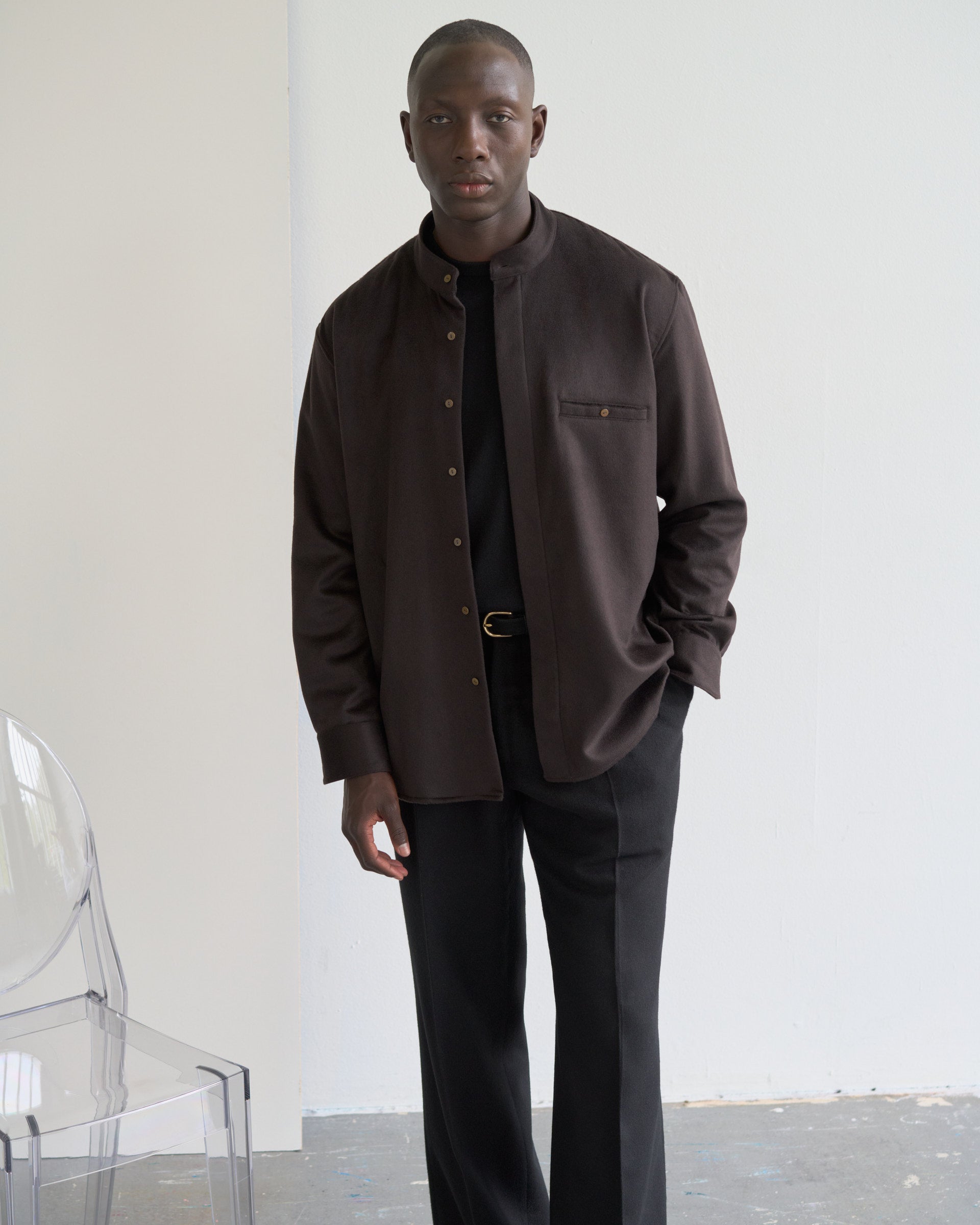 Shirt Jacket Nehru in Cashmere - Dk Brown